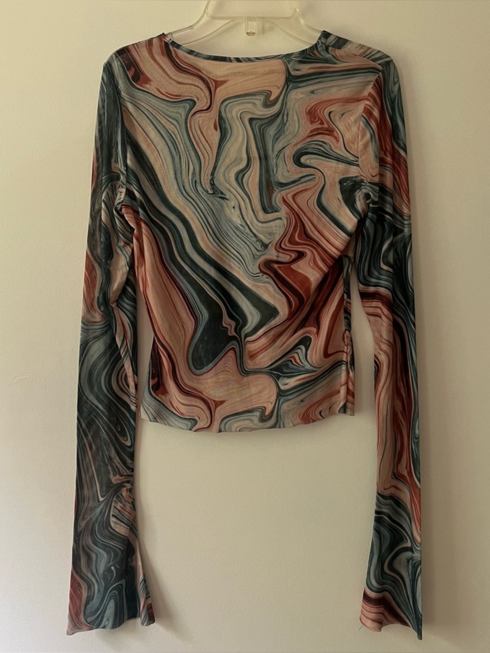 Shein Sheer Mesh Bell Sleeve Top Marble Swirl Open Back Lightweight